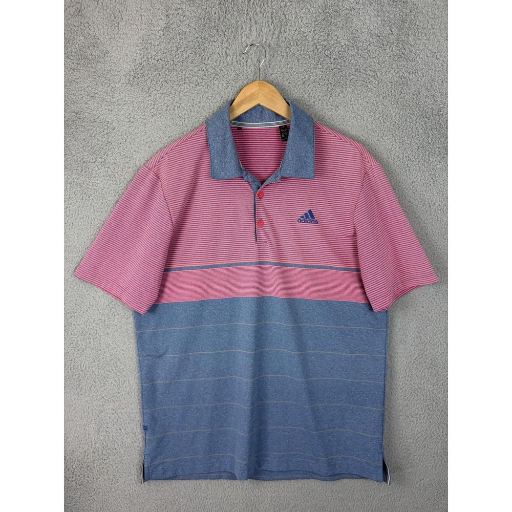 Adidas Polo Shirt Mens M Blue Pink Stripe Golf Performance Stretch Jersey